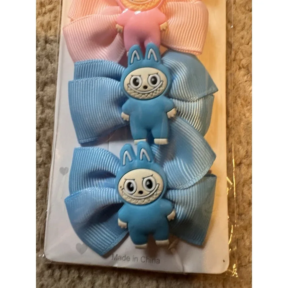 Monster Fashion Colorful Pink Blue Hair Bow Cute Pink Hair Clip for Girls 4 PC